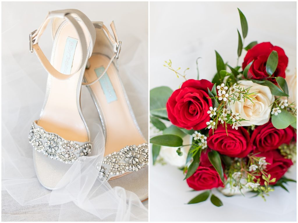 Betsy Johnson bridal shoes next to red and white rose bridal bouquet