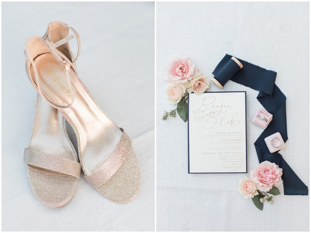 Blush and Navy Invitation and Rose Gold Bridal Shoes | Marcus Community Center Wedding near Sioux City, Iowa by Jessica Brees Photography