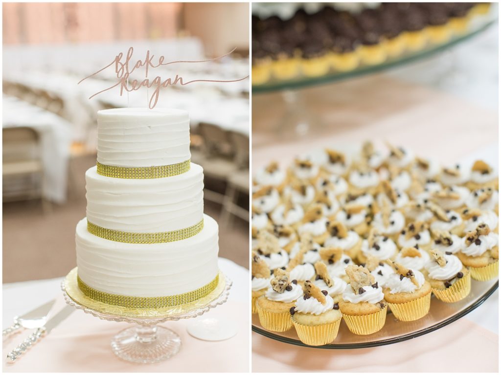 Golden and Blush Pink Wedding Cake and Cupcakes | Marcus Community Center Wedding near Sioux City, Iowa by Jessica Brees Photography