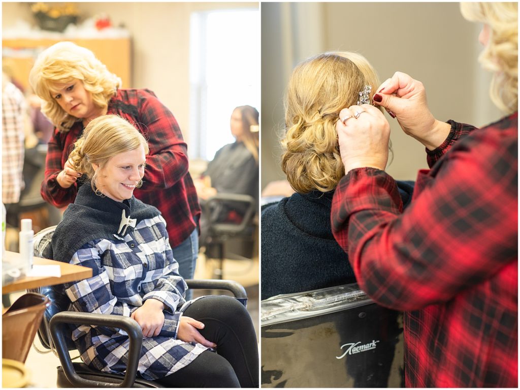 Bride getting ready at hair salon shot by Jessica Brees, Sioux City Iowa engagement and wedding photographer