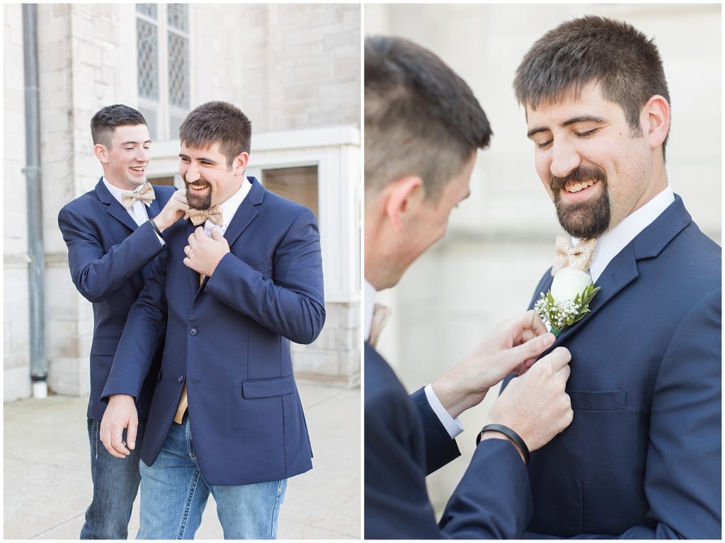 Groom Getting Ready at Mamrelund Church in Stanton, Iowa shot by Jessica Brees, Sioux City Iowa engagement and wedding photographer