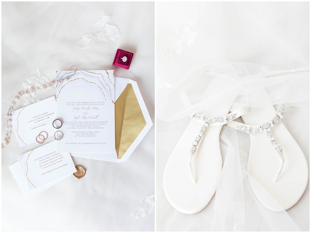 White and gold wedding invitation suite shot by Jessica Brees, Littleton Wedding Photographer and Videographer