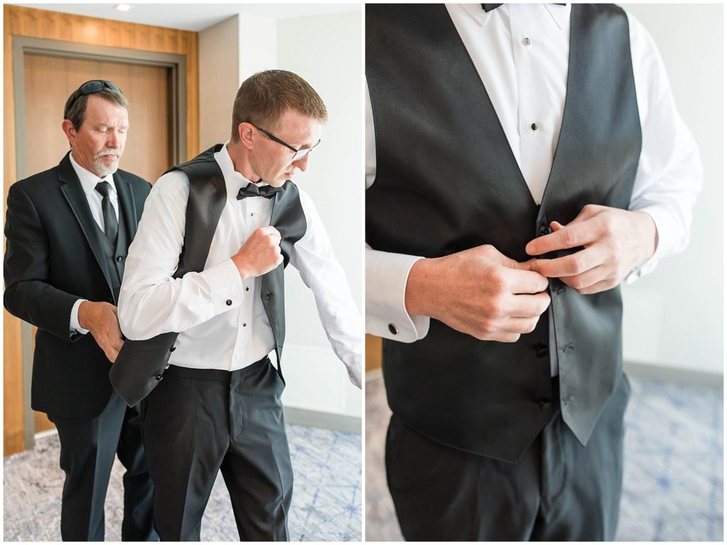 Groom Getting Ready in Black Tuxedo | Marriott Riverfront Wedding in South Sioux City, Nebraska shot by Jessica Brees Photo & Video