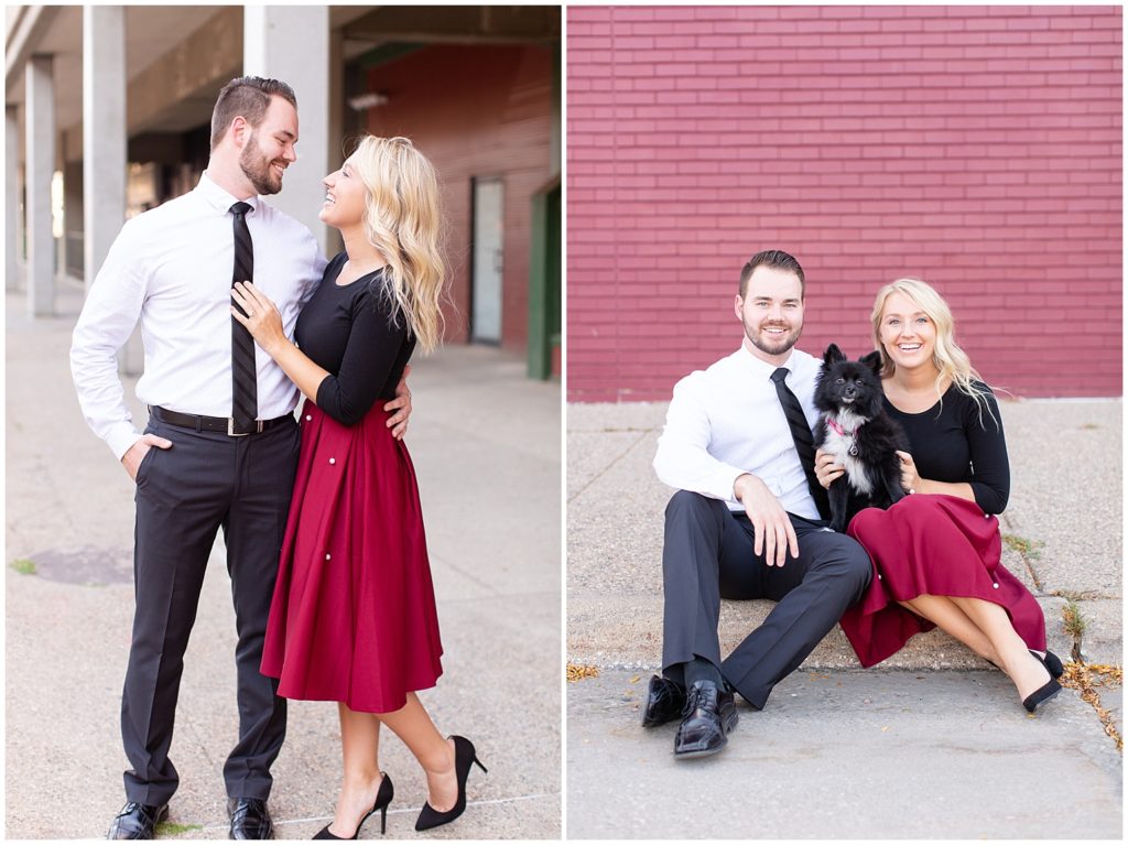 Engaged couple in formal outfits sitting with their Pomeranian dog. 