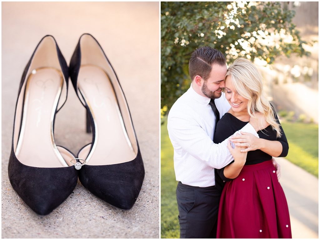 Engaged couple posing in glowing sunset light and an upclose ring photo on bride's high heel. 